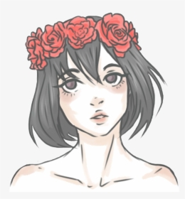 Girl Asian Anime Kawaii Flowercrown Flowers Red Roses - Girl With Flower Crown Drawing, HD Png Download, Free Download