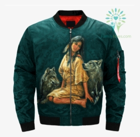 Native American Girl And Her Wolves Over Print Bomber - Veteran, HD Png Download, Free Download