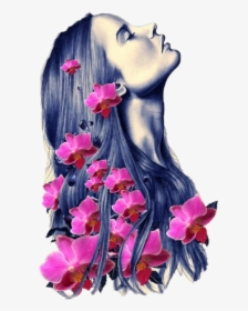 Girl With Flowers Drawing , Transparent Cartoons - Rose In Hair Drawing, HD Png Download, Free Download