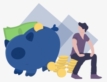 Man Sitting Down And Staring At A Piggy Bank With Money - Making Money Is Learning Vector, HD Png Download, Free Download
