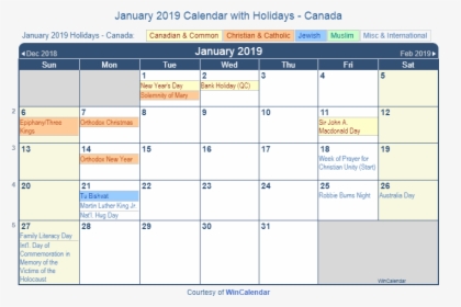 January 2019 Calendar With Holidays Canada - January 2019 Calendar With Holidays, HD Png Download, Free Download