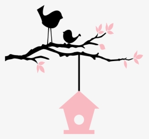 Birds On Branch With Birdhouse - Birds With Birdhouse Silhouette, HD Png Download, Free Download