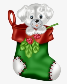 Christmas Green Stocking With Puppy Png Clipart - Cute Christmas Puppy Clipart, Transparent Png, Free Download