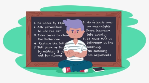 Teen With Crossed Arms Sitting In Front Of Blackboard - Cartoon, HD Png Download, Free Download