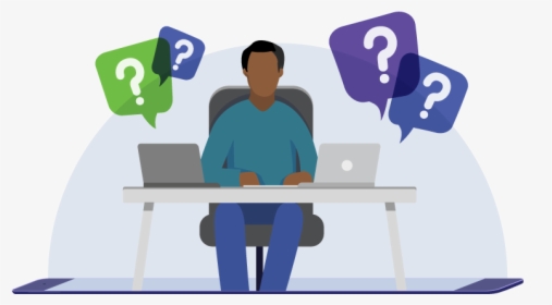 Person Sitting At A Desk With Questions Marks Around - Sitting, HD Png Download, Free Download