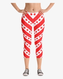 Red And White Stripes With Romantic Hearts Capri Leggings - Pool Leggings For Swimming, HD Png Download, Free Download