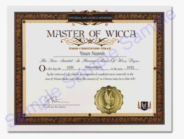Wiccan Master"s Degree - Universal Life Church Certificates Wicca, HD Png Download, Free Download