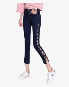 Women"s Jeans Solid Color Bandage Hollow Out Jeans - Girl, HD Png Download, Free Download