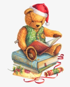 Christmas Teddy Bear With Santa Hat And Books Png - Christmas Book Clipart, Transparent Png, Free Download