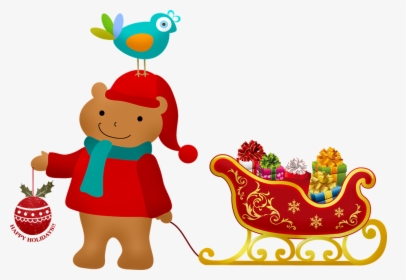 Christmas Bear With Sleigh, Bird On Head, Christmas - Clip Art Christmas Sleigh, HD Png Download, Free Download