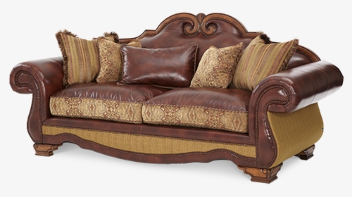 Brown Leather Gold Patterned Fabric High Back Sofa - Couch, HD Png Download, Free Download