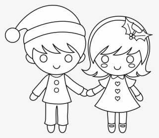 Christmas Kids Line Art - Boy And Girl Holding Hands, HD Png Download, Free Download