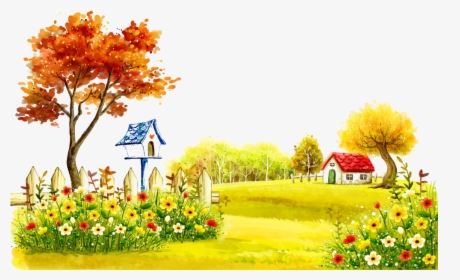 Scenery Theatrical Illustration Autumn Village Painting - Painting Village Flower, HD Png Download, Free Download