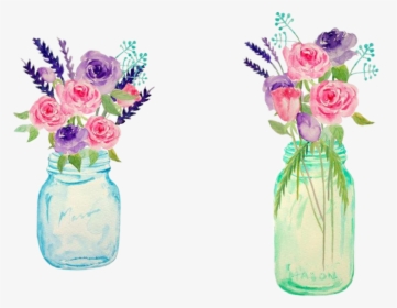 #watercolor #handpainted #flowers #vases #jar #masonjars - Watercolor Flowers In Mason Jar, HD Png Download, Free Download