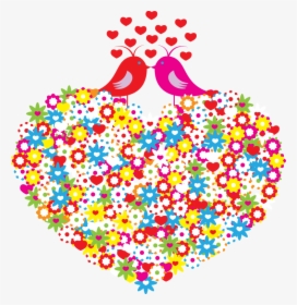 And Heart Shaped Pattern Flowers Birds Hand Painted - Valentines Love Birds, HD Png Download, Free Download