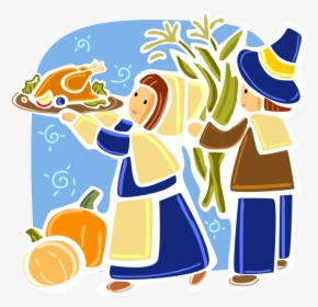 Vector Illustration Of Mayflower Pilgrim Pioneers Celebrate - Thanksgiving With Blue Clip Art, HD Png Download, Free Download