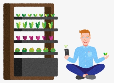 Illustrated Man Next To Farmshelf With Wifi Connected - Sitting, HD Png Download, Free Download