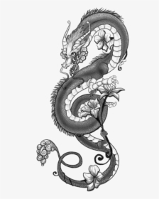 Tattoo Japanese Dragon Drawing Chinese Dragon - Dragon With Flower Tattoo, HD Png Download, Free Download