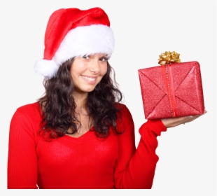 Smiling Woman In Red Santa Claus Hat With Gift Box - Lady Santa Claus Png, Transparent Png, Free Download