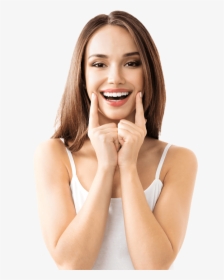 Woman Pointing To Her Beautifully Straight Smile - Woman Smile Teeth, HD Png Download, Free Download