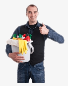 Happy Man Holding Bucket Full Of Bottles And Rag And - Costume, HD Png Download, Free Download