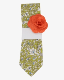 Green Floral Print Tie With Orange Lapel Pin - Artificial Flower, HD Png Download, Free Download
