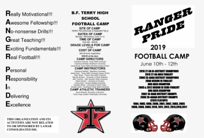 2019 Ranger Football Camp - B. F. Terry High School, HD Png Download, Free Download