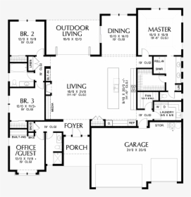 Main Floor Plan Image For Mascord Erwin Modern Home - 2 Bedroom Modern Ranch Floor Plans, HD Png Download, Free Download