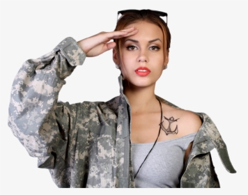 Girl In Camo Jacket Saluting With Shoulder Tattoo - Tatuaż Jaskółka Wzory, HD Png Download, Free Download