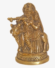 Brass Idol Of Radha Krishna Playing Flute With Cow, - Bronze Sculpture, HD Png Download, Free Download