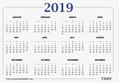 Download 2019 Calendar New Transparent Design - 2019 Printable Calendar One Page, HD Png Download, Free Download