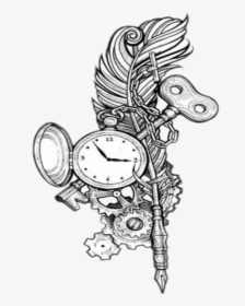 Sticker Freetoedit Tattoo Feather Clock Key Png Drawing - Pocket Watch Coloring Pages, Transparent Png, Free Download