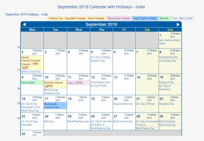September 2019 Calendar With India Holidays To Print - Jan 2020 Calendar With Holidays, HD Png Download, Free Download