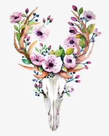 Deer Head With Flowers , Png Download - Watercolor Deer Skull With Flowers, Transparent Png, Free Download