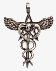 Aesculapius With Pentagram, Snakes, Eagle Wings & Skull - Cross With Wings And Snakes, HD Png Download, Free Download