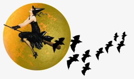 Vintage Witch Flying Past The Moon On Broomstick - Vintage Halloween Png Transparent Background, Png Download, Free Download