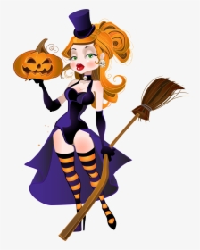 Halloween Witch With Broom And Pumpkin Png Clipart - Witch W Halloween Png, Transparent Png, Free Download