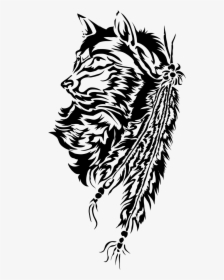 083527 Tribal Wolf And Feathers By Starlightsmarti-d6u8p13 - Tribal Cat Wolf Transparent, HD Png Download, Free Download