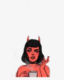 #devil #devilgirl #red #smoke #coffee Shop #look #girl - Devil Girl Smoking And Drinking Coffee Cartoon, HD Png Download, Free Download