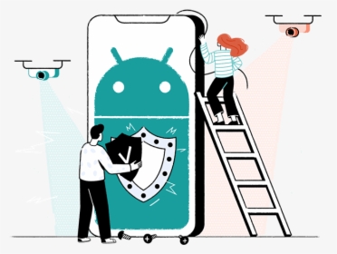 Android Logo On A Phone With Two Characters Installing - Cartoon, HD Png Download, Free Download