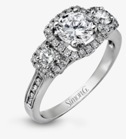 18k 3-stone With Diamond Halo Engagement Ring - 3 Diamond Halo Engagement Rings, HD Png Download, Free Download