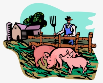 Vector Illustration Of Farmer With Farm Livestock Pigs - Pig Farm Clipart Png, Transparent Png, Free Download