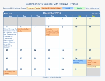 December 2016 Calendar With Fra Holidays - January Holidays 2020 Canada, HD Png Download, Free Download