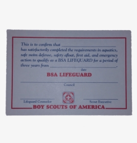 Bsa Lifeguard Certificate - Red Cross Lifeguard Certification Card, HD Png Download, Free Download