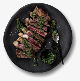 Plate Of Steak With Chimichurri Sauce - Food Photography, HD Png Download, Free Download