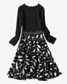 Black Skater Dress Floral Print Pleated Long Sleeve - Cocktail Dress, HD Png Download, Free Download