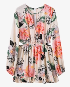 Long Sleeve Floral Print Waist Cutout Dress - Blouse, HD Png Download, Free Download