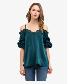 Women"s Solid Silky Open Shoulder Top W/lace Trim - Photo Shoot, HD Png Download, Free Download