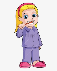 Brush Teeth Little Girl Brushing Her Vector Cartoon - Girl Brushing Teeth Clipart, HD Png Download, Free Download