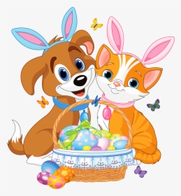 Cute Puppy And Kitten With Easter Bunny Ears And Basket - รูป การ์ตูน หมา แมว, HD Png Download, Free Download